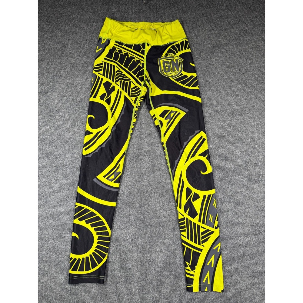GetNutz Ni Athletic Leggings Womens L Black Yellow Tribal Tattoo Pattern Pull On